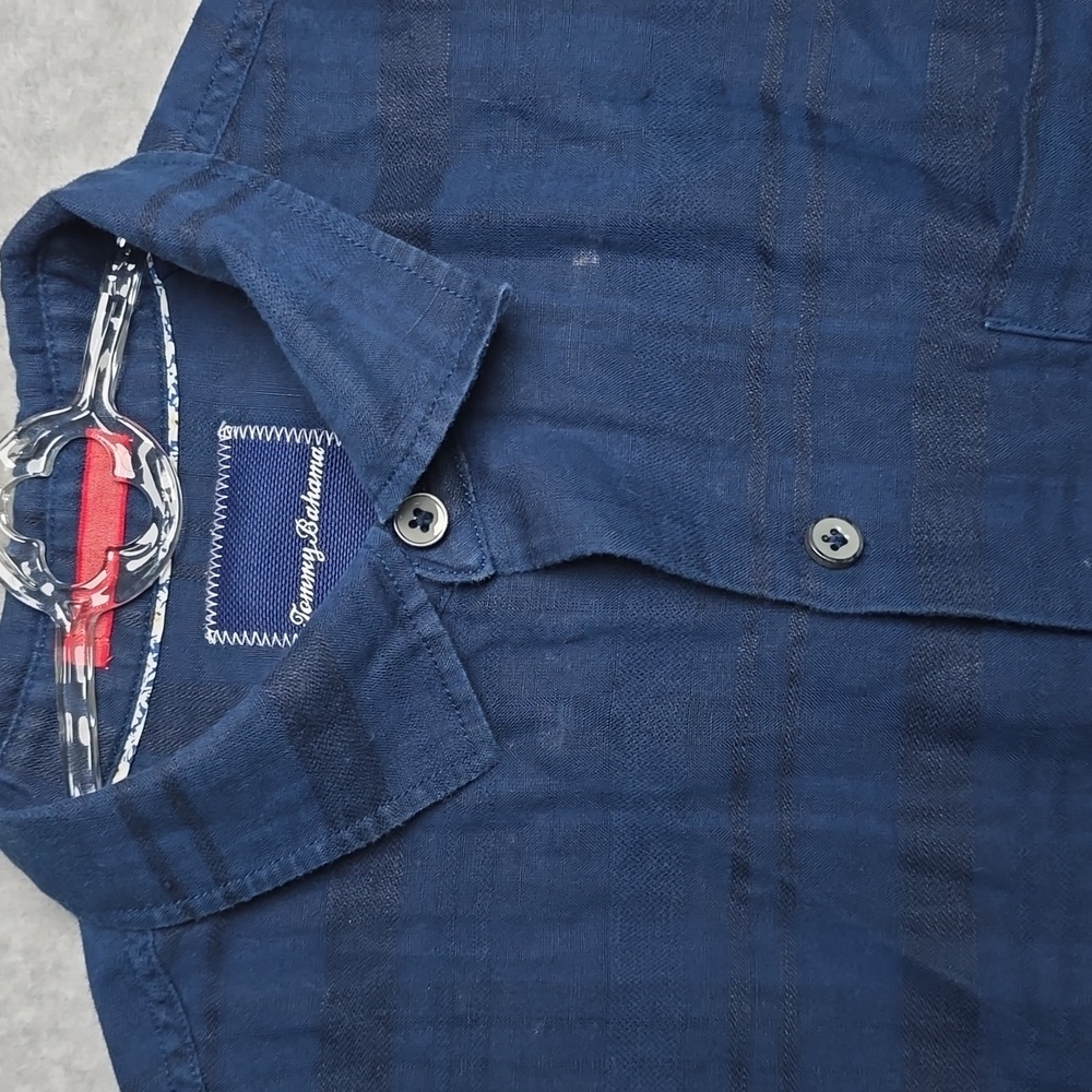 Tommy Bahama Mens Size M Linen Blend Striped Camp Shirt Coastal Fisherman Beach